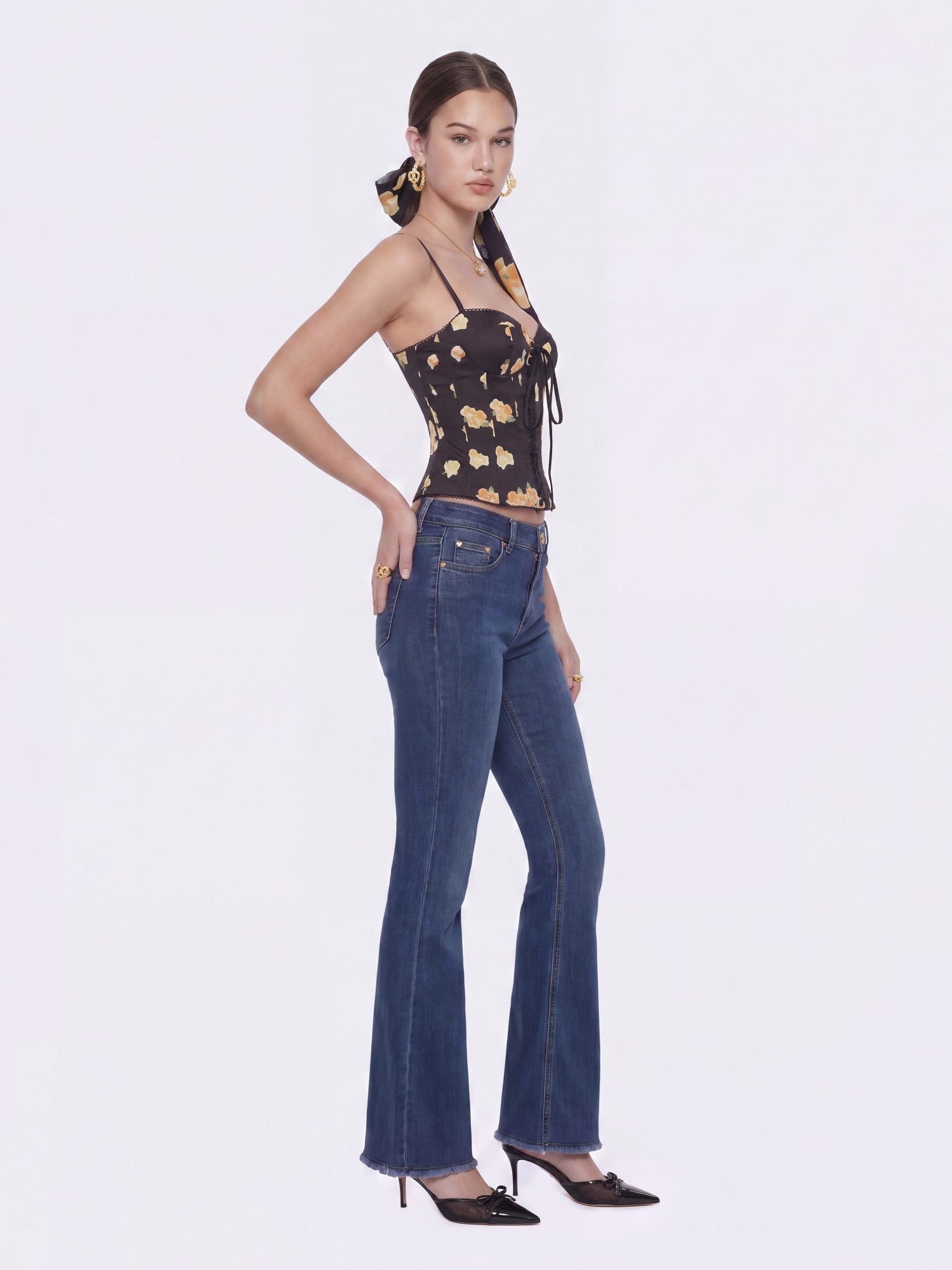 Nana Jacqueline Mila Lace-Up Corset Black Floral Top Black
