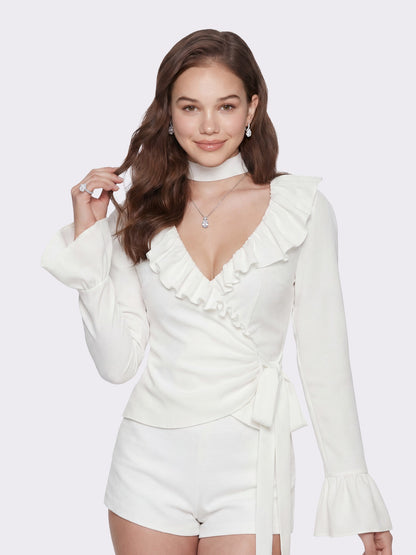 Nana Jacqueline Charlotte Ruffle V-Neck White Top White