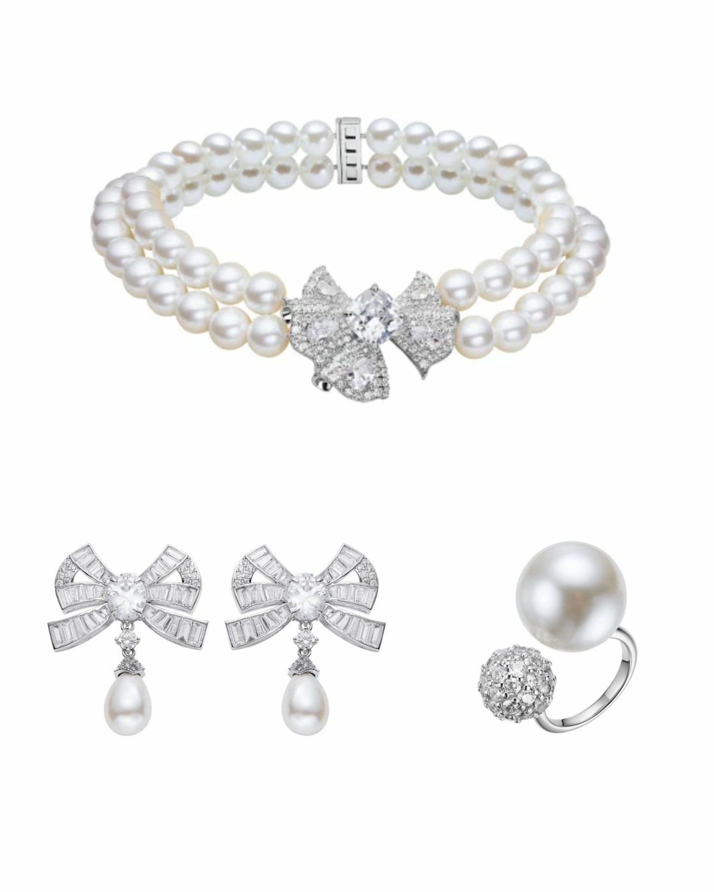 Nana Jacqueline The Pearl & Diamonds Set: White Jewelry Set for Bridal Shower White