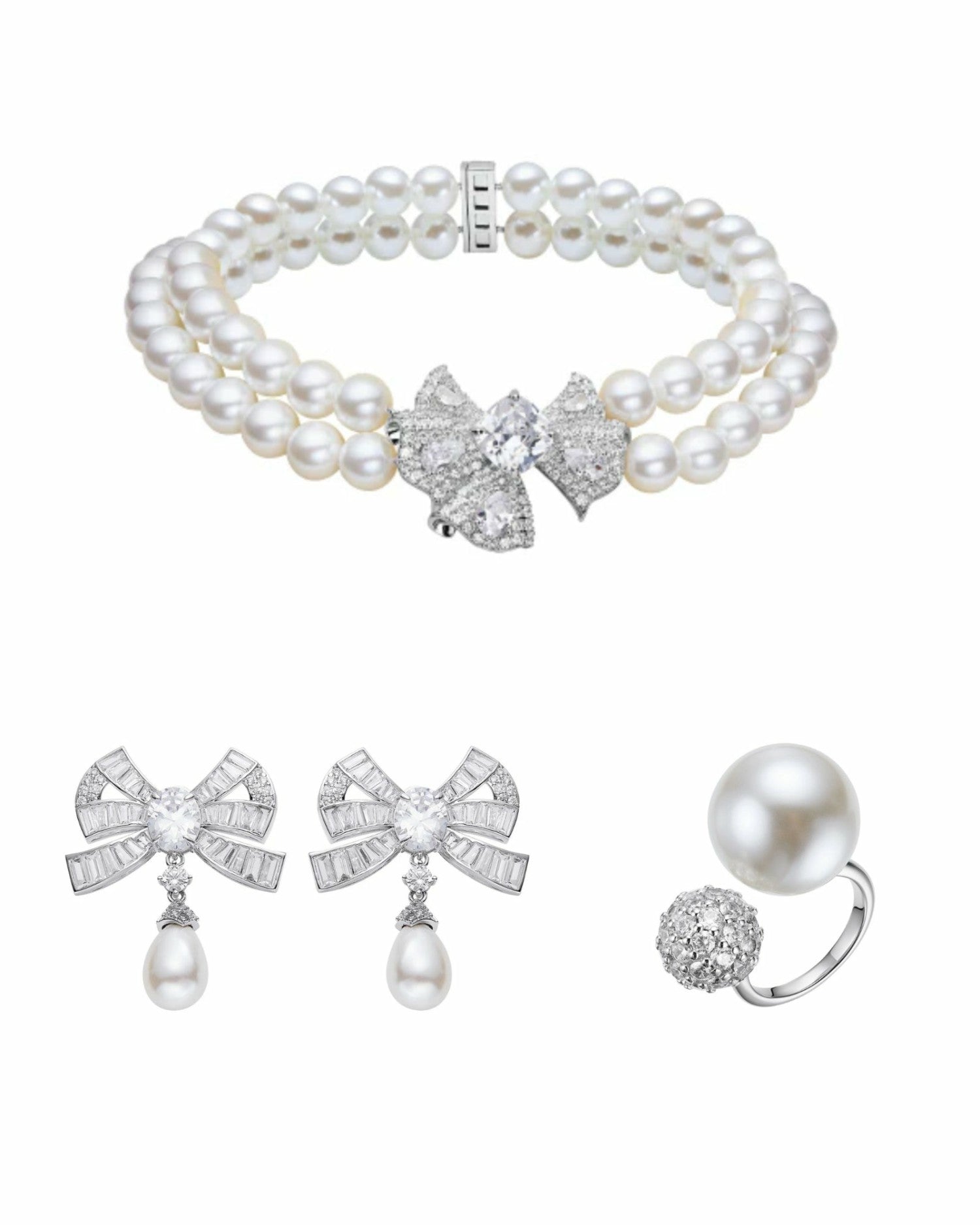 Nana Jacqueline The Pearl & Diamonds Set: White Jewelry Set for Bridal Shower White