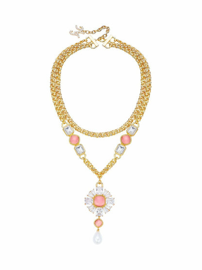 Nana Jacqueline Cassandra Double Layer Pendant Necklace: Gold Necklace for Cocktail Party Pink