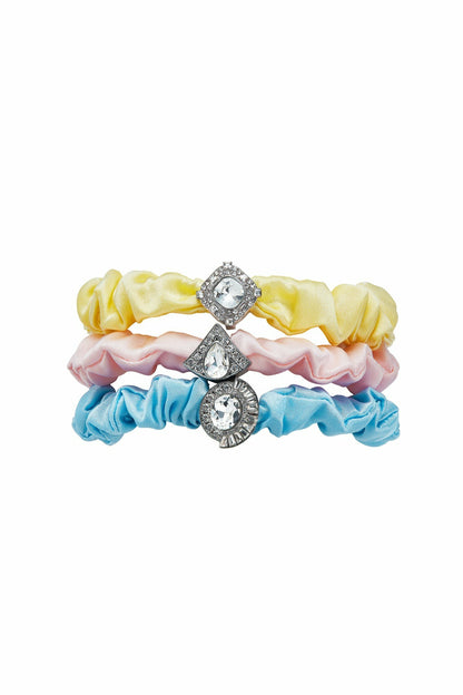 Nana Jacqueline Pastel Silk Scrunchie Set with Crystal Detail Yellow/Pink/Blue