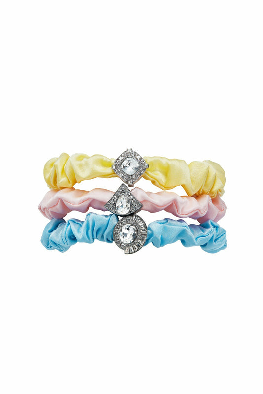 Nana Jacqueline Pastel Silk Scrunchie Set with Crystal Detail Yellow/Pink/Blue