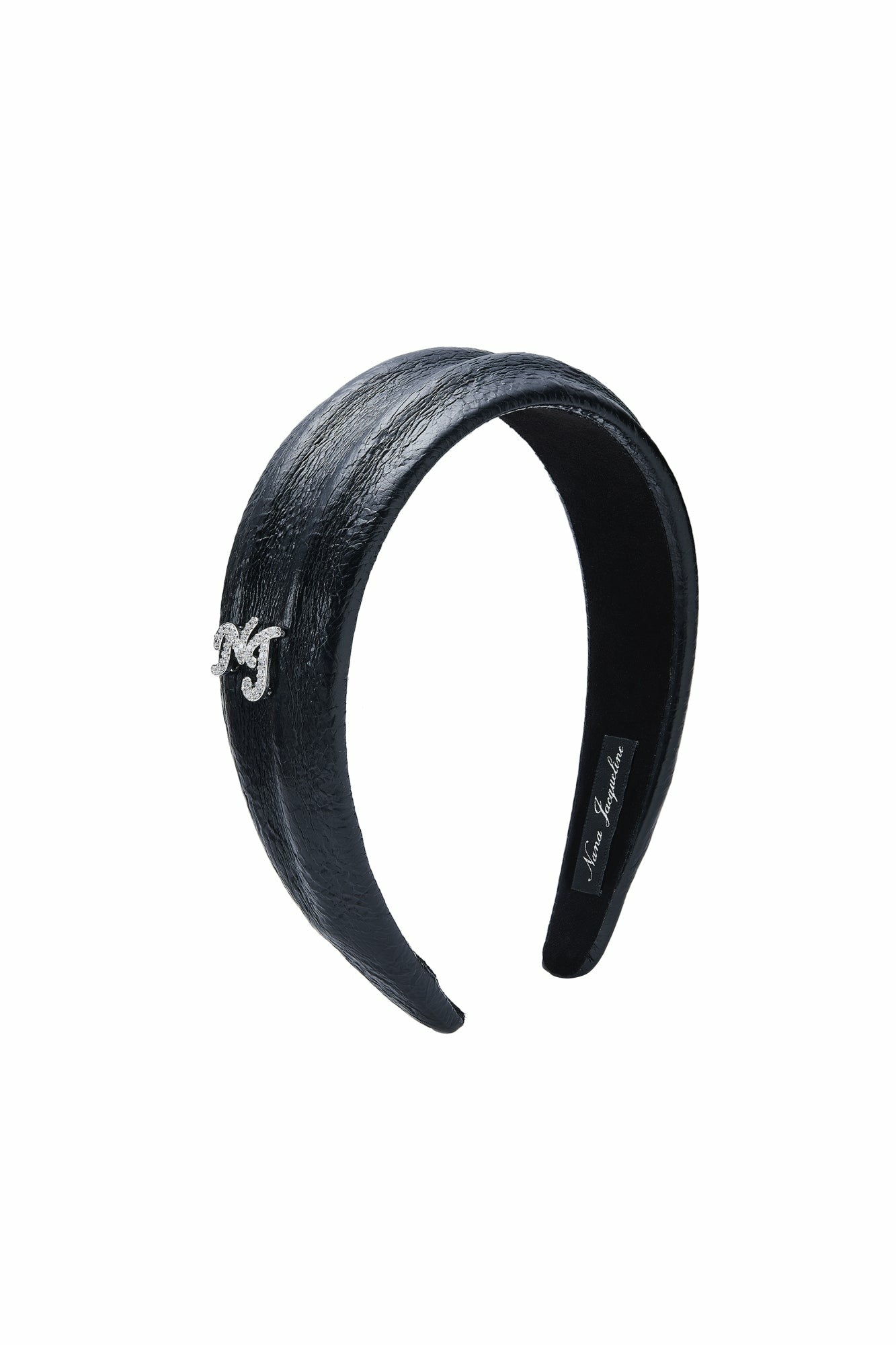 Nana Jacqueline Black Leather Headband with Crystal Detail Black