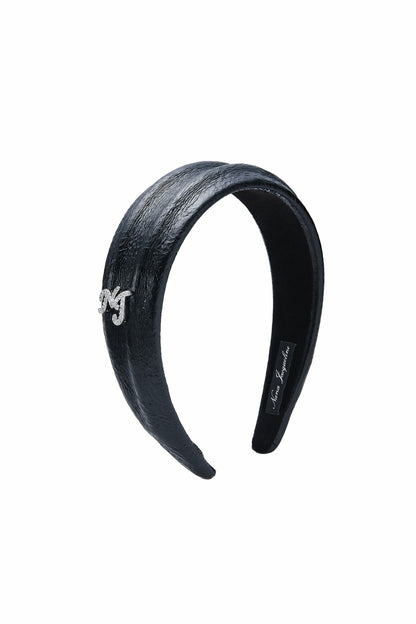 Nana Jacqueline Black Leather Headband with Crystal Detail Black