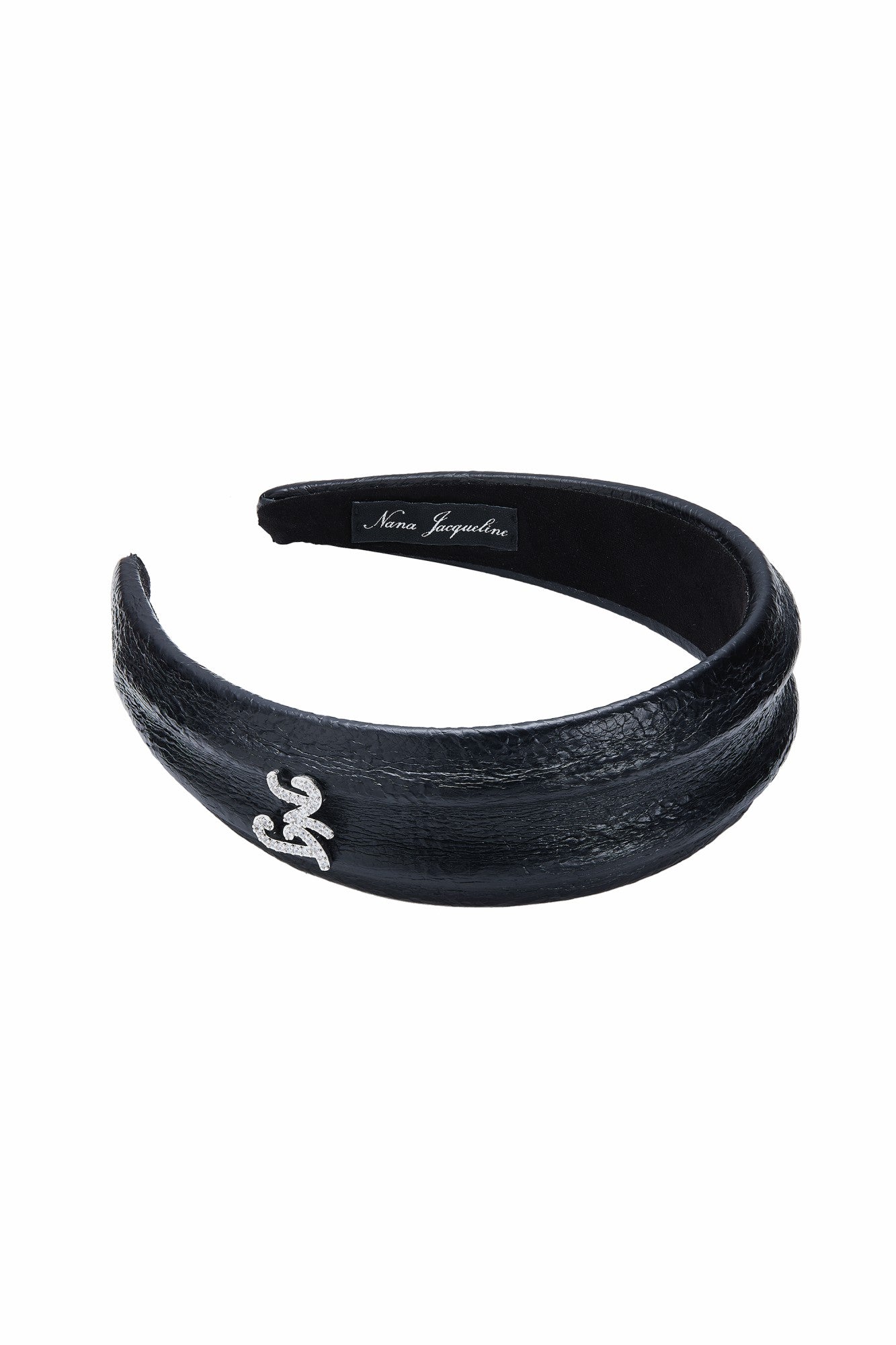 Nana Jacqueline Black Leather Headband with Crystal Detail Black