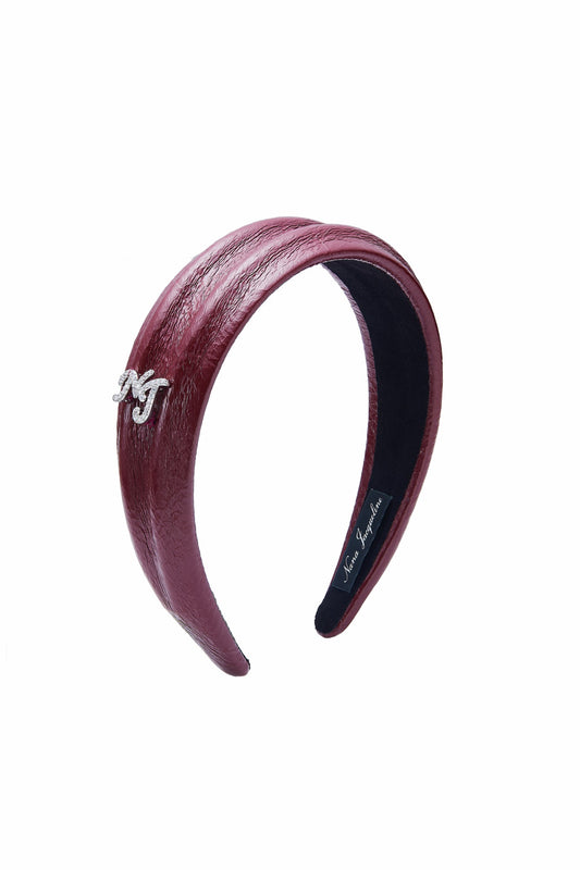 Nana Jacqueline Wine Red Leather Headband with Crystal Detail Wine Red