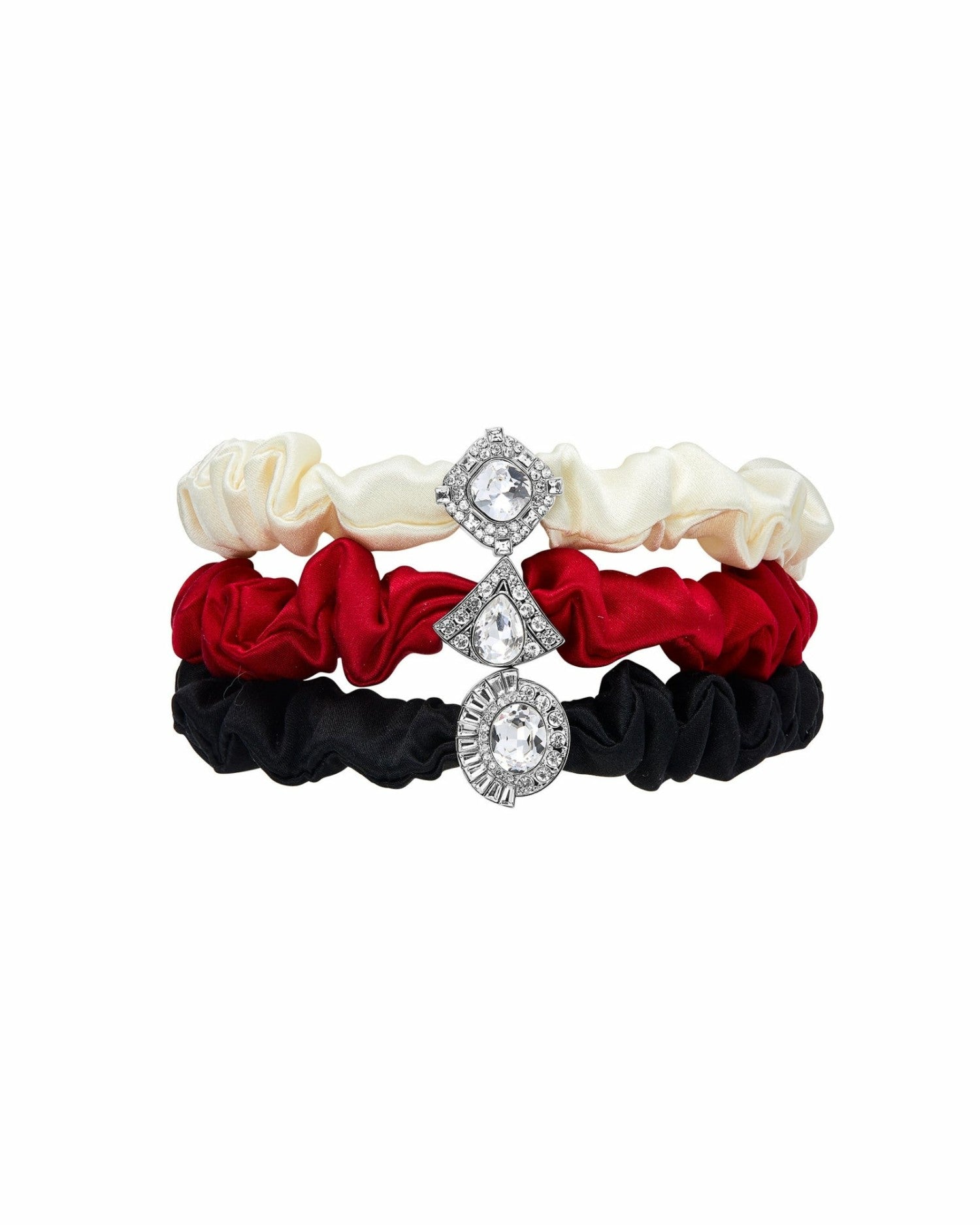 Nana Jacqueline Helene Crystal-Detail Silk Noir Scrunchie Set: Silk Scrunchie Set for Party Hairstyles White/Red/Black