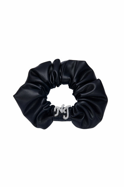 Nana Jacqueline Black Leather Scrunchie with Crystal Detail Black