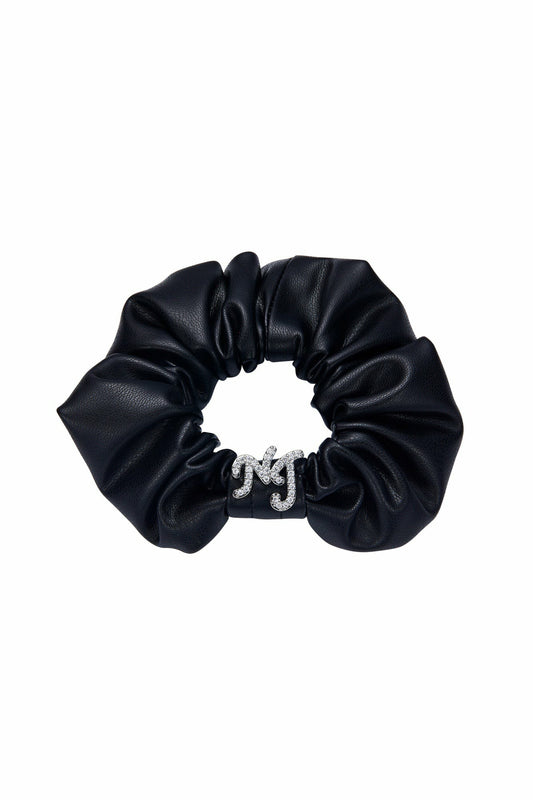 Nana Jacqueline Black Leather Scrunchie with Crystal Detail Black