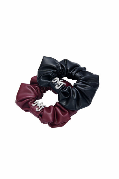 Nana Jacqueline Black Leather Scrunchie with Crystal Detail Black