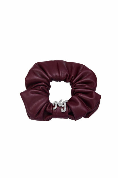 Nana Jacqueline Wine Red Leather Scrunchie with Crystal Detail Wine Red
