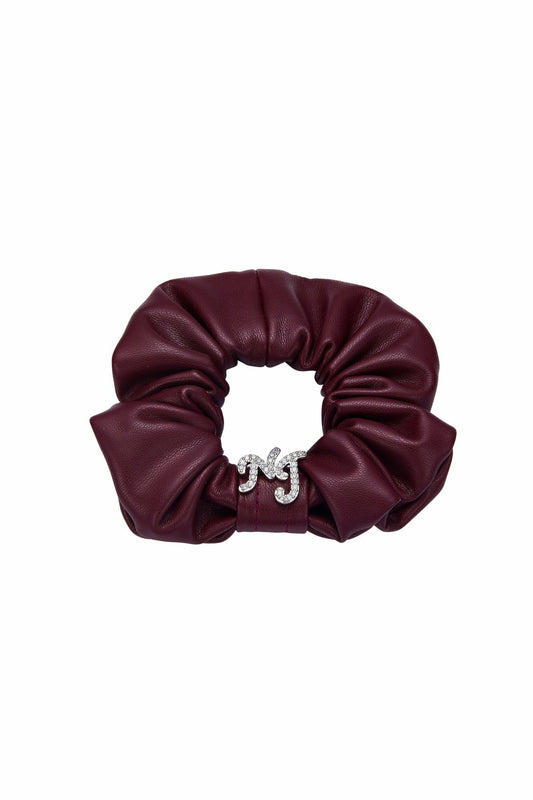 Nana Jacqueline Wine Red Leather Scrunchie with Crystal Detail Wine Red