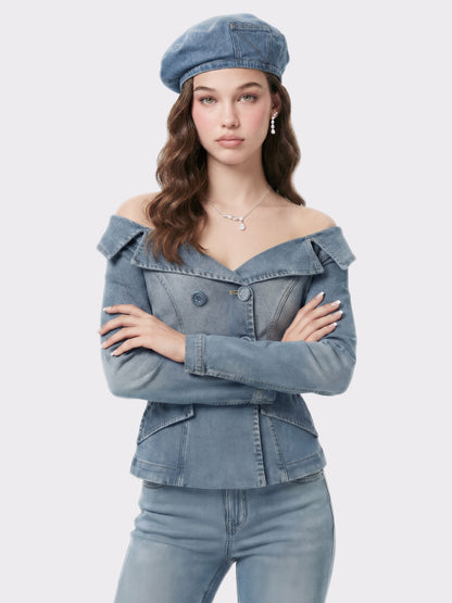 Nana Jacqueline Light Blue Denim Double-Breasted Tailored Top Light Blue