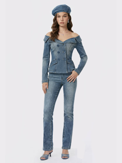 Nana Jacqueline Light Blue Denim Double-Breasted Tailored Top Light Blue