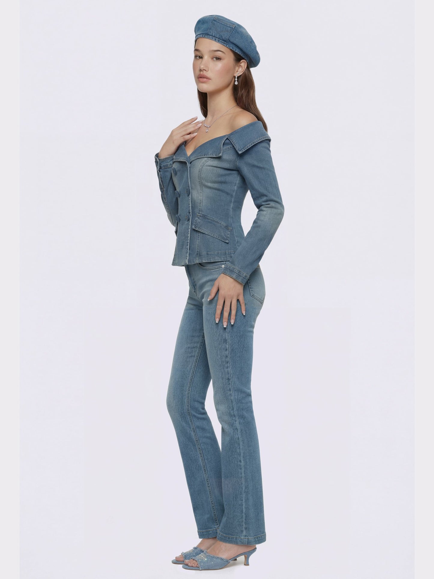 Nana Jacqueline Light Blue Denim Double-Breasted Tailored Top Light Blue