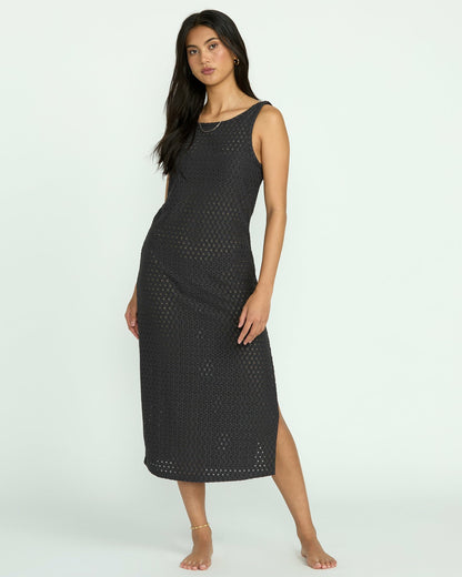 Billabong Eyelet Sun Midi Dress Beach Coverup - Off Black