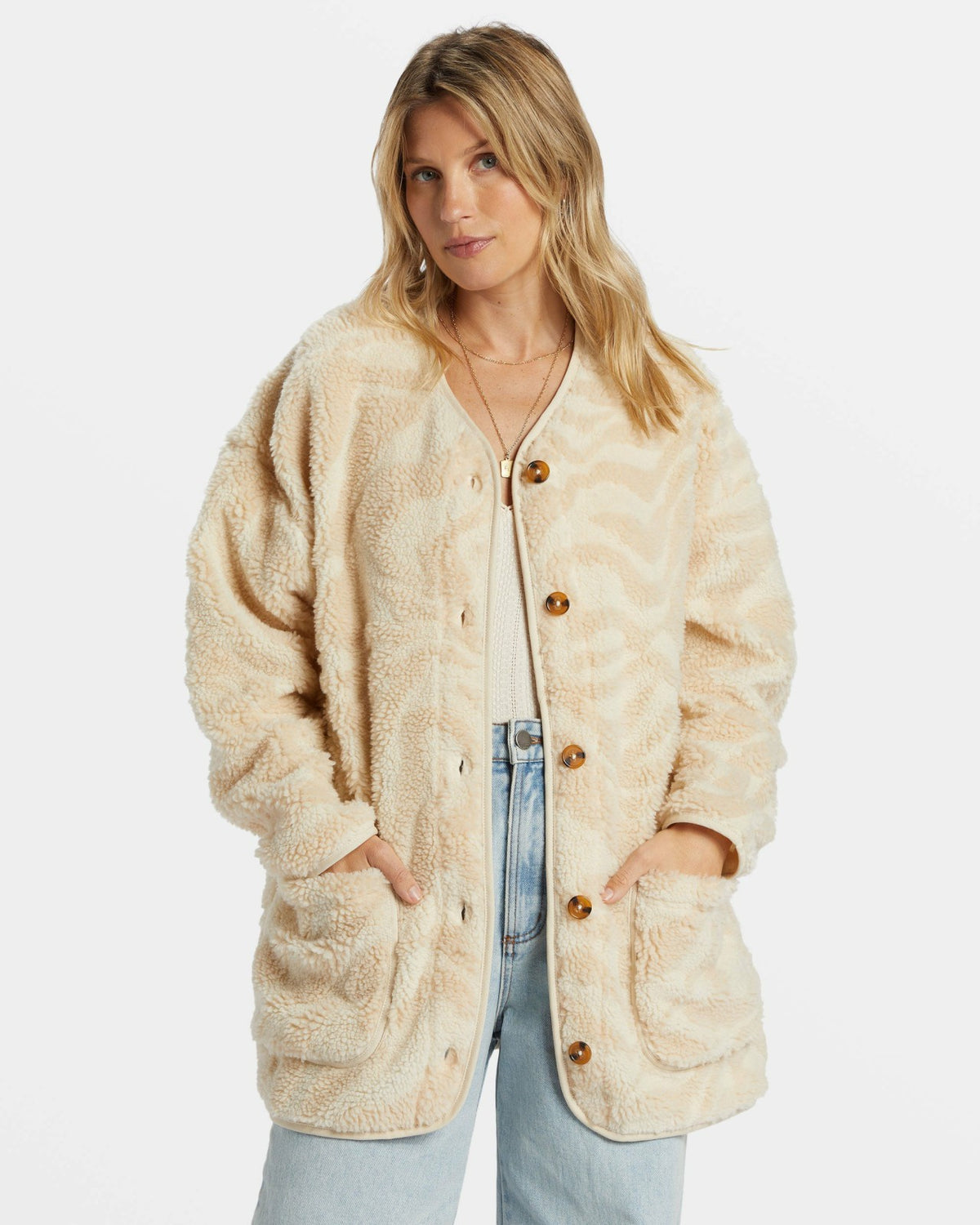 Billabong Fireside Cozy Buttoned Fleece Jacket - White Cap